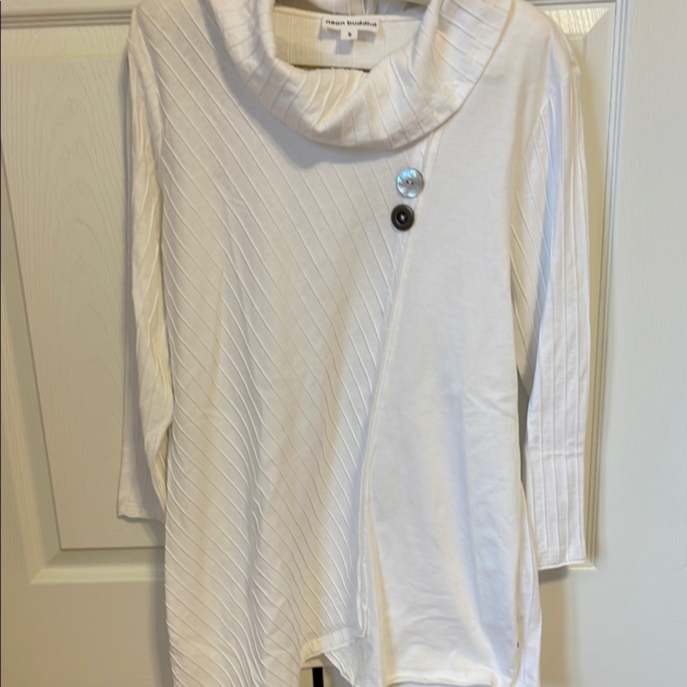 White Cowl Neck Top with Button Accents